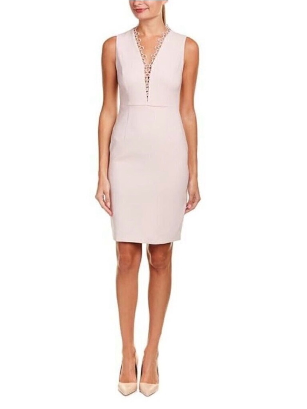 Elie Tahari Blush Pink Lace-Trim V-Neck Sleeveless Sheath Dress
